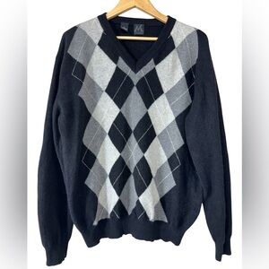 M Made in Italy 100% Cashmere Black / Argyle Vneck Sweater  | Mens XL